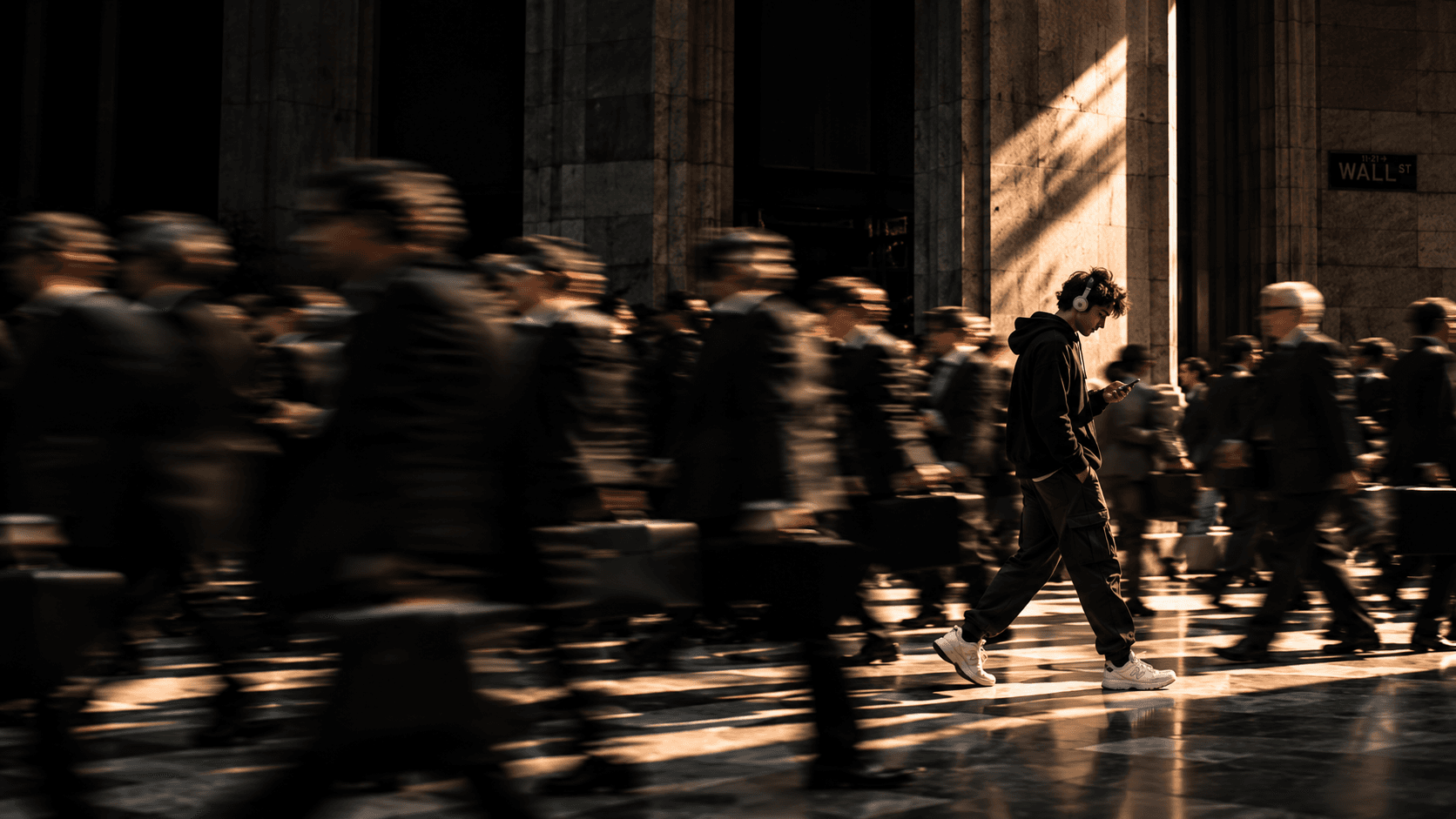 A headphone-wearing trader walking against a blurred Wall Street crowd